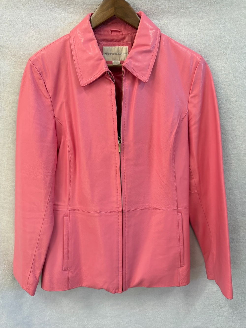 Worthington Women's M Pink Genuine Leather Jacket Full Zip Collared Lined Y2K